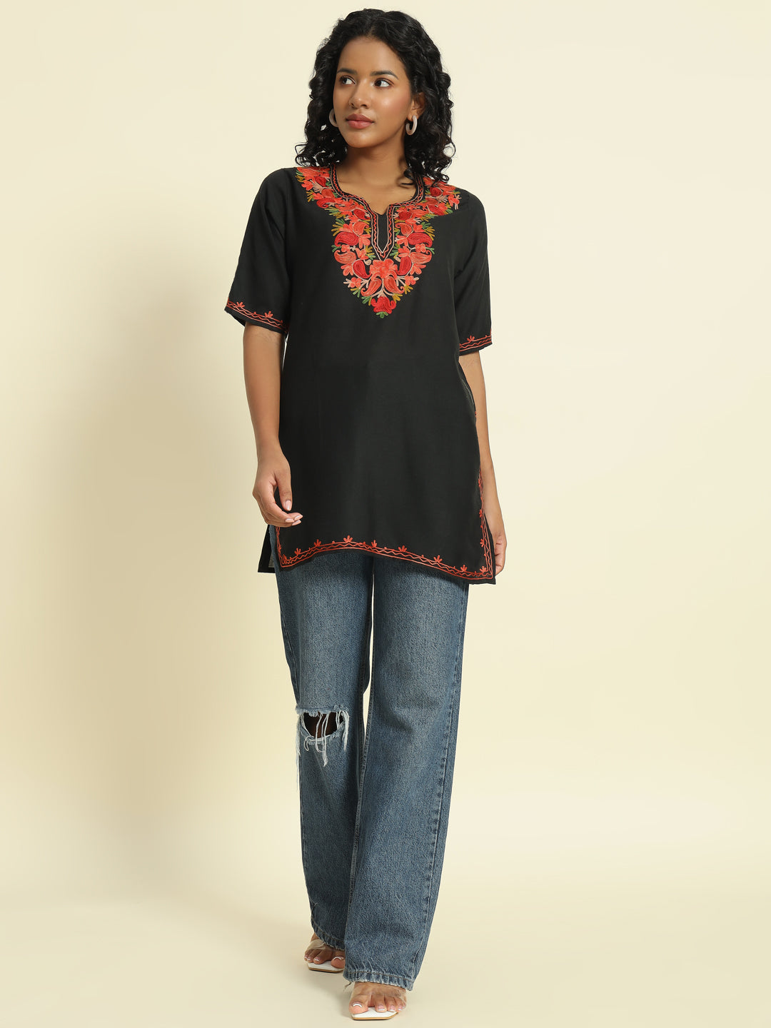 Black Cotton Kurti with Red and Orange Embroidery – THE DAL SERIES